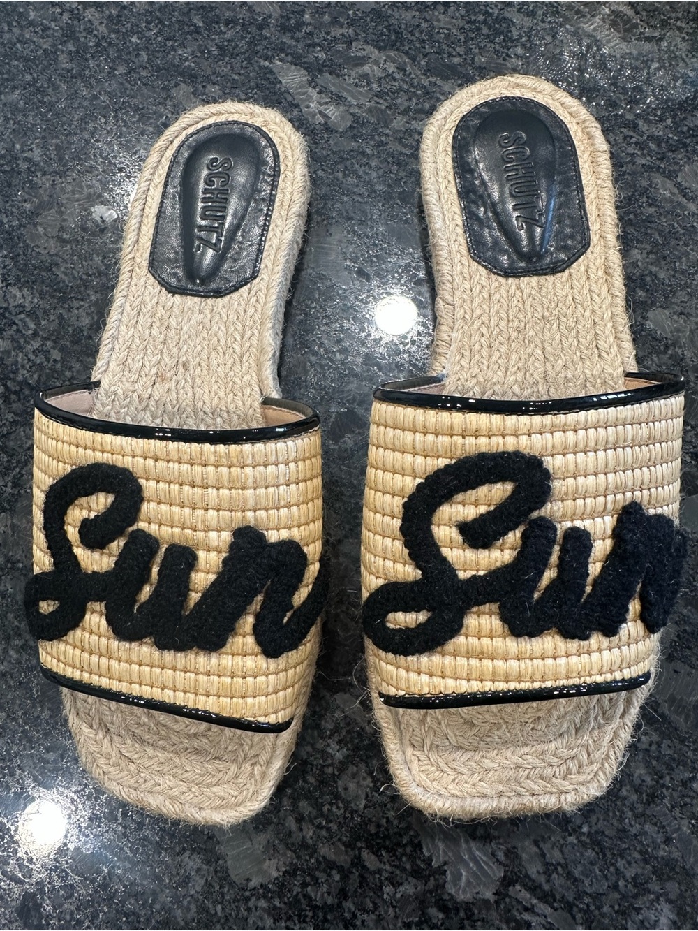 SCHUTZ Natural Straw Slide Sandals with Black Script